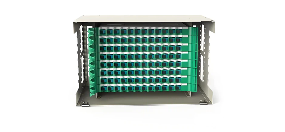 Exposed fibers are spliced to pigtails within the tray, with adapters providing external interfaces. As shown in optical distributio frame diagrams, every cable fiber connects via spliced pigtails through adapters. Exposed fibers are spliced to pigtails within the tray, with adapters providing external interfaces. As shown in optical distributio frame diagrams, every cable fiber connects via spliced pigtails through adapters.