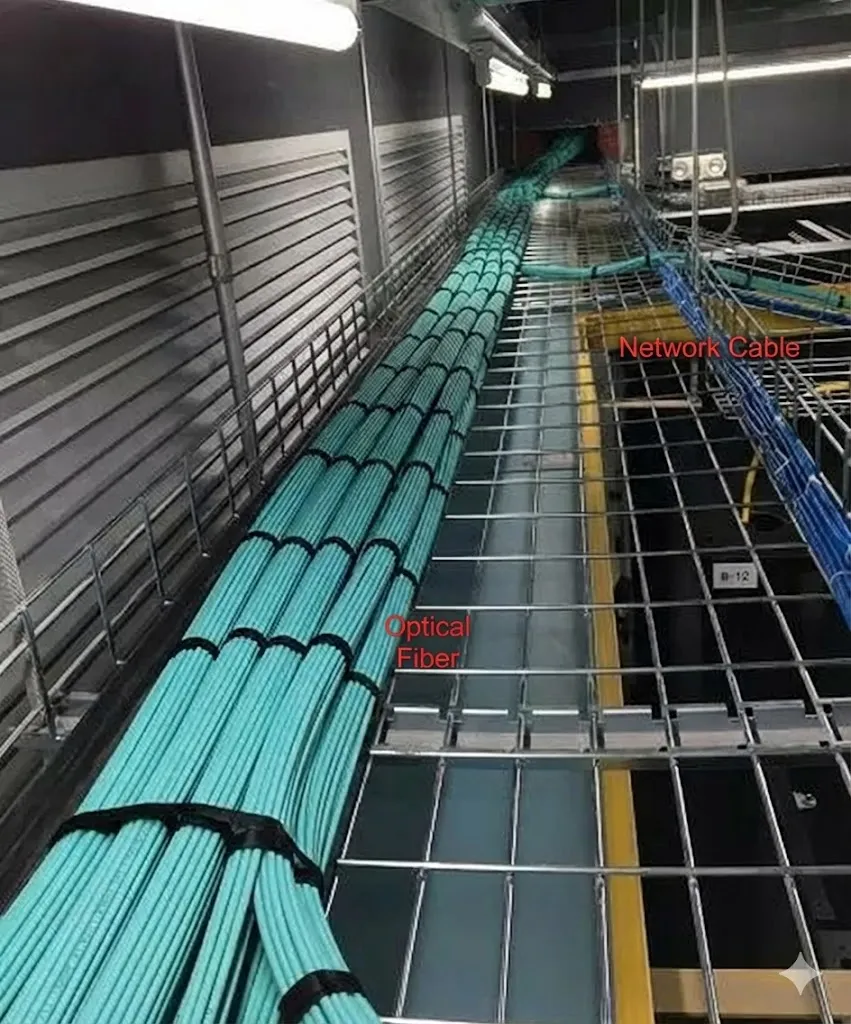 Cable Tray Fiber Routing Diagram: fibers and network cables within the tray must be routed separately and neatly, bundled at intervals to maintain aesthetics. Cable Tray Fiber Routing Diagram: fibers and network cables within the tray must be routed separately and neatly, bundled at intervals to maintain aesthetics.