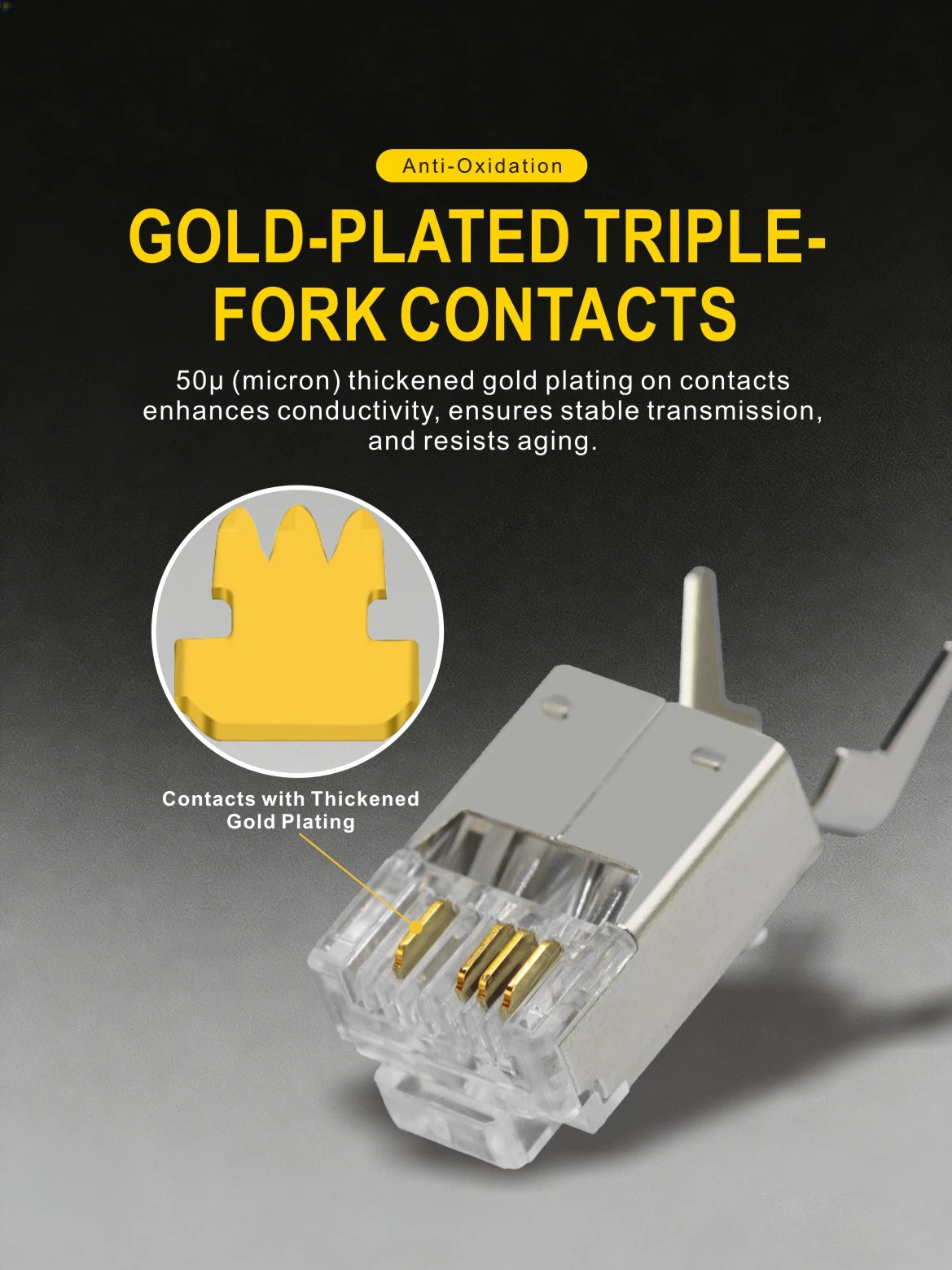 Macro shot of the pure copper nickel-plated shielding shell on the heavy-duty RJ45 connector, designed to block EMI and RFI interference. Macro shot of the pure copper nickel-plated shielding shell on the heavy-duty RJ45 connector, designed to block EMI and RFI interference.