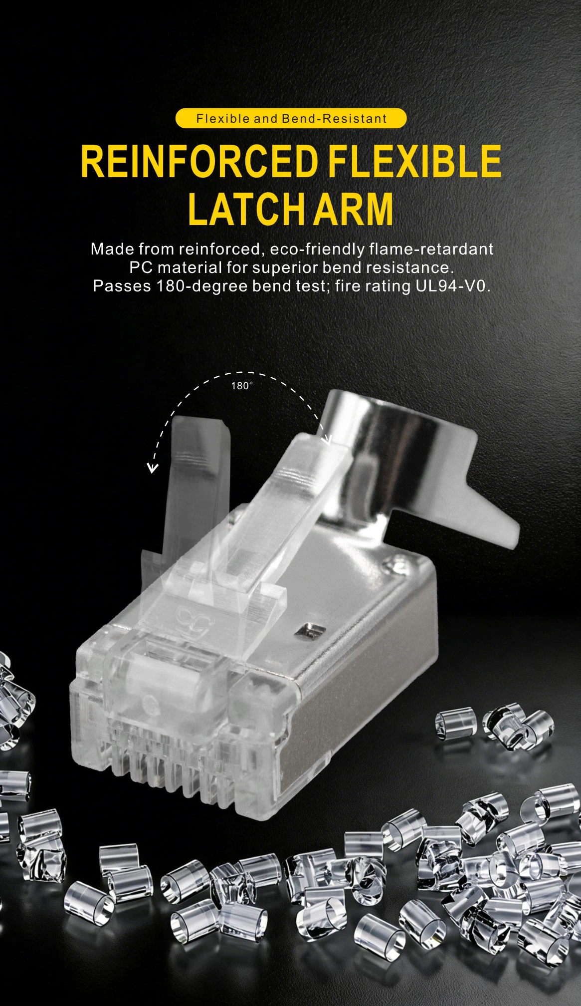 Detailed view of the 8P8C interface featuring 50μ (micron) thickened gold-plated contacts, ensuring low resistance and corrosion prevention. Detailed view of the 8P8C interface featuring 50μ (micron) thickened gold-plated contacts, ensuring low resistance and corrosion prevention.