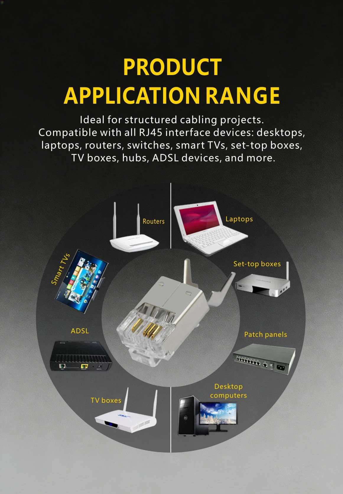 Front-on view of the one-piece RJ45 connector showing precise 1.0mm wire alignment holes for quick Cat5e conductor insertion. Front-on view of the one-piece RJ45 connector showing precise 1.0mm wire alignment holes for quick Cat5e conductor insertion.