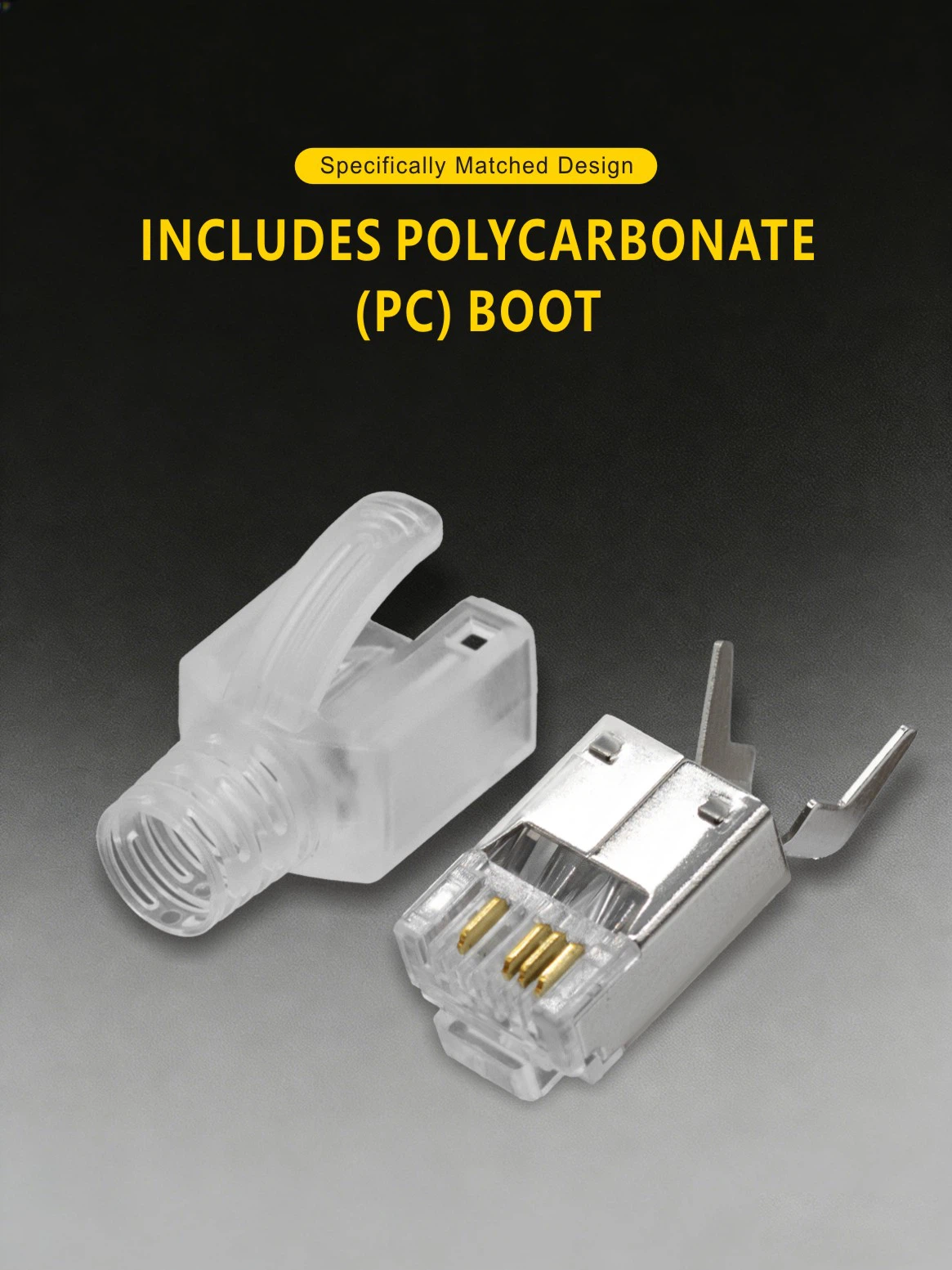 Rear view of the shielded RJ45 plug highlighting the integrated metal strain-relief tail clamp for secure grounding and cable retention. Rear view of the shielded RJ45 plug highlighting the integrated metal strain-relief tail clamp for secure grounding and cable retention.
